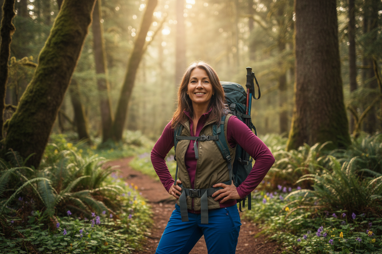 vibrant healthy woman over forty with slightly greying hair in hiking clothes in the woods